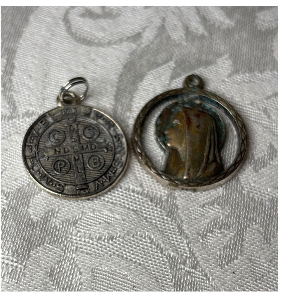 Vintage Italian St Benedict Exorcism Charm & Openwork Blessed Mother Medallions